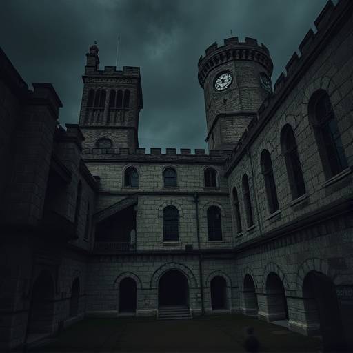 Fotografía de la Eastern State Penitentiary en Filadelfia: una estructura gótica imponente con altos muros de piedra y torres amenazantes, que refleja la arquitectura del sistema de Pensilvania.