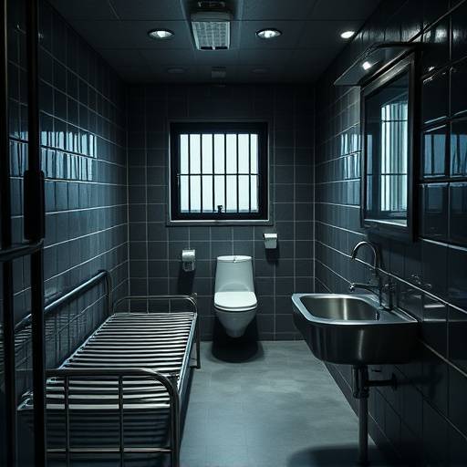 Fotografía de una celda de prisión moderna: una habitación pequeña y funcional con una cama de metal, un inodoro y un lavabo de acero inoxidable, y una pequeña ventana con barrotes, que refleja la austeridad y el control del entorno carcelario.