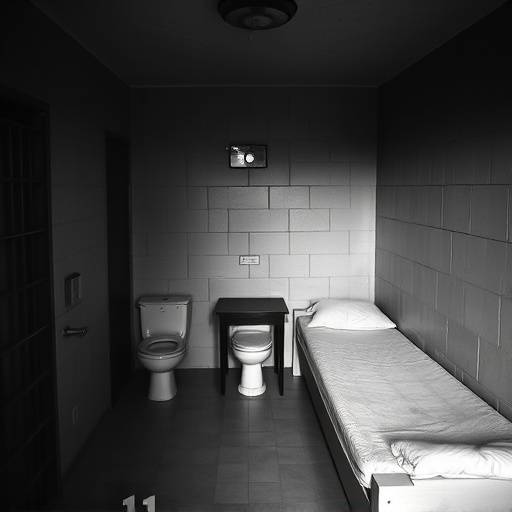 Fotografía en blanco y negro de la celda de Al Capone en la prisión de Alcatraz, mostrando una cama estrecha, una mesa y un inodoro simple.