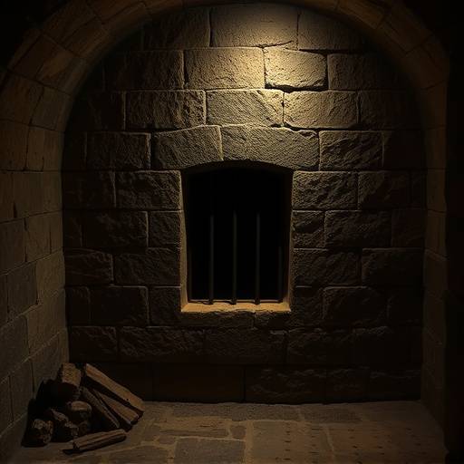Ilustración de una celda medieval con muros de piedra y una pequeña ventana enrejada.