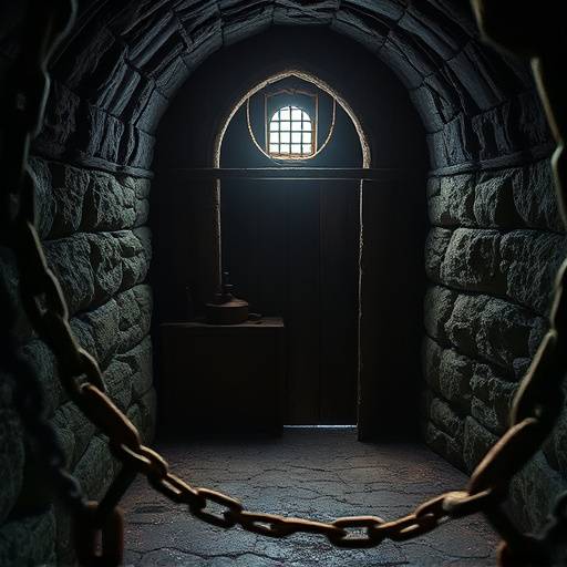Ilustración detallada de un calabozo medieval: muros de piedra tosca, una puerta de madera reforzada con hierro, una pequeña ventana enrejada que deja pasar una tenue luz, cadenas oxidadas colgando de las paredes y un suelo de tierra hümeda.