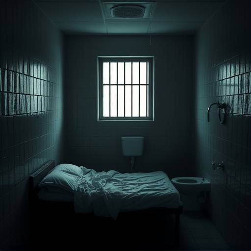 Imagen de una celda de confinamiento solitario, mostrando un espacio pequeño y austero con una cama, un inodoro y una ventana bloqueada.