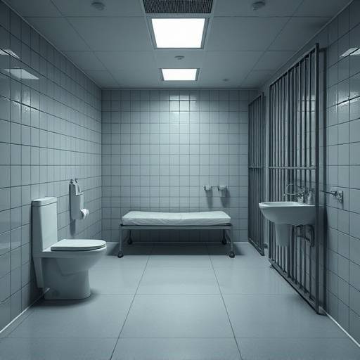 Imagen de una celda de prisión moderna con una cama, un inodoro y un lavabo.