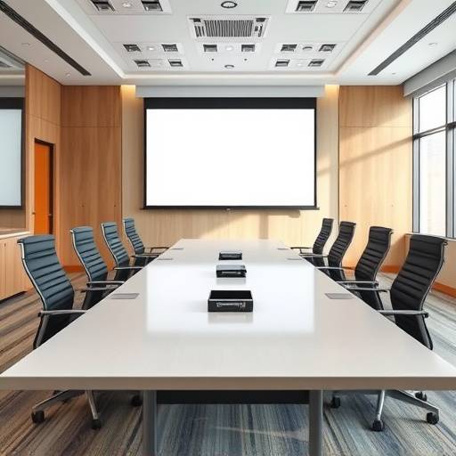 Interior de la sala de reuniones de Penitenciaria Global S.A., con una mesa grande, sillas ergonómicas y una pantalla para presentaciones.