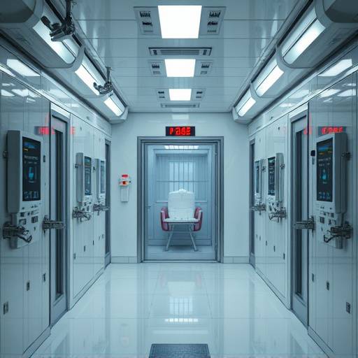 Representación artística de una celda futurista, con tecnología avanzada para el monitoreo y la seguridad, pero también diseñada para el bienestar del prisionero.