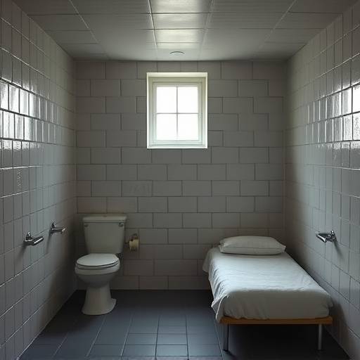 Una celda del sistema de Pensilvania, diseñada para el aislamiento total. La celda tiene una cama pequeña, un inodoro rudimentario y una ventana alta para la luz natural mínima.