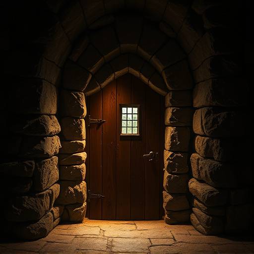 Una celda medieval oscura con muros de piedra, una puerta de madera reforzada y una pequeña ventana enrejada en lo alto del muro. El interior es sombrío y apenas iluminado.